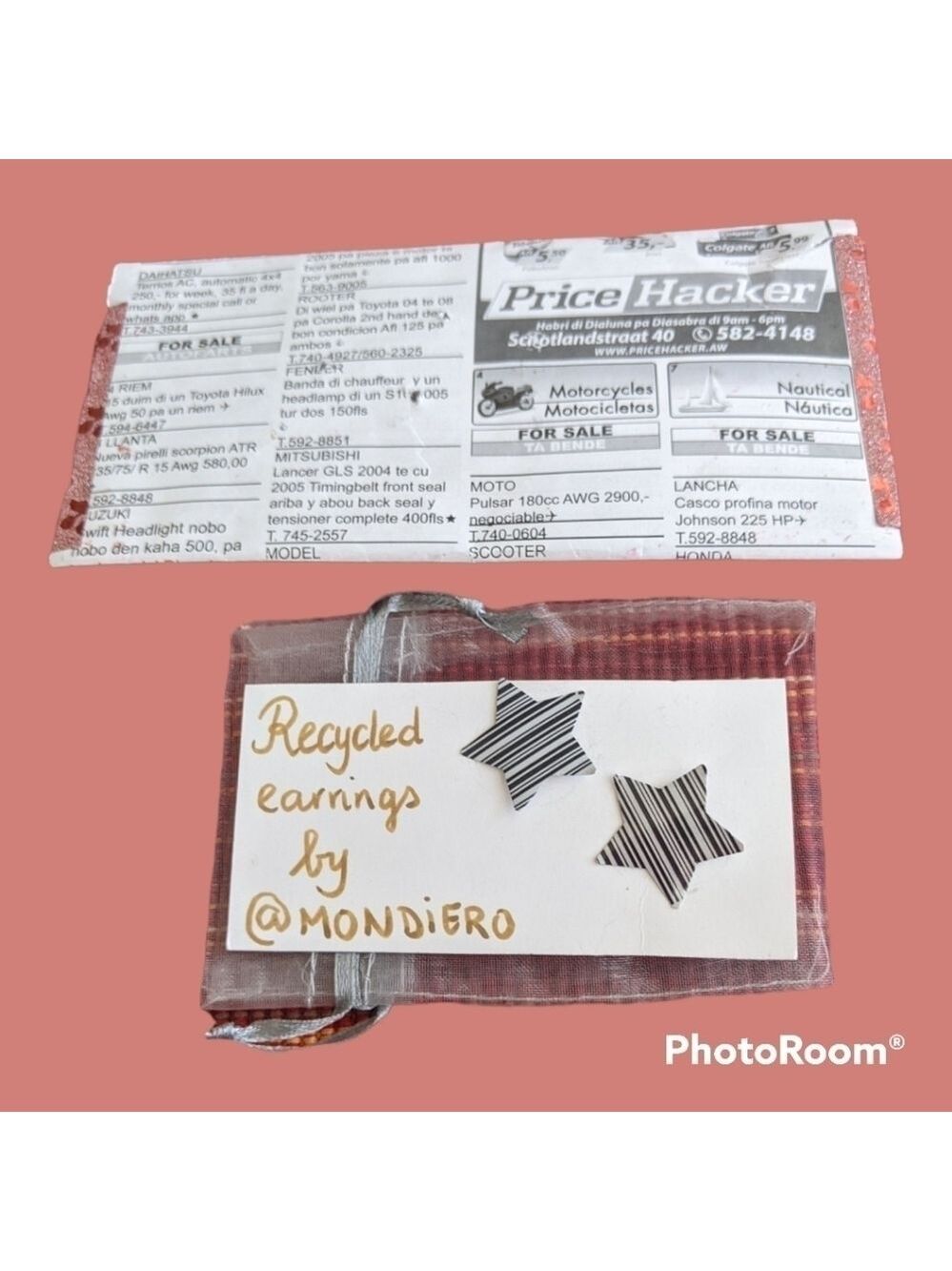 ⭐Handmade Recycled Material Striped B&W star earrings NWOT